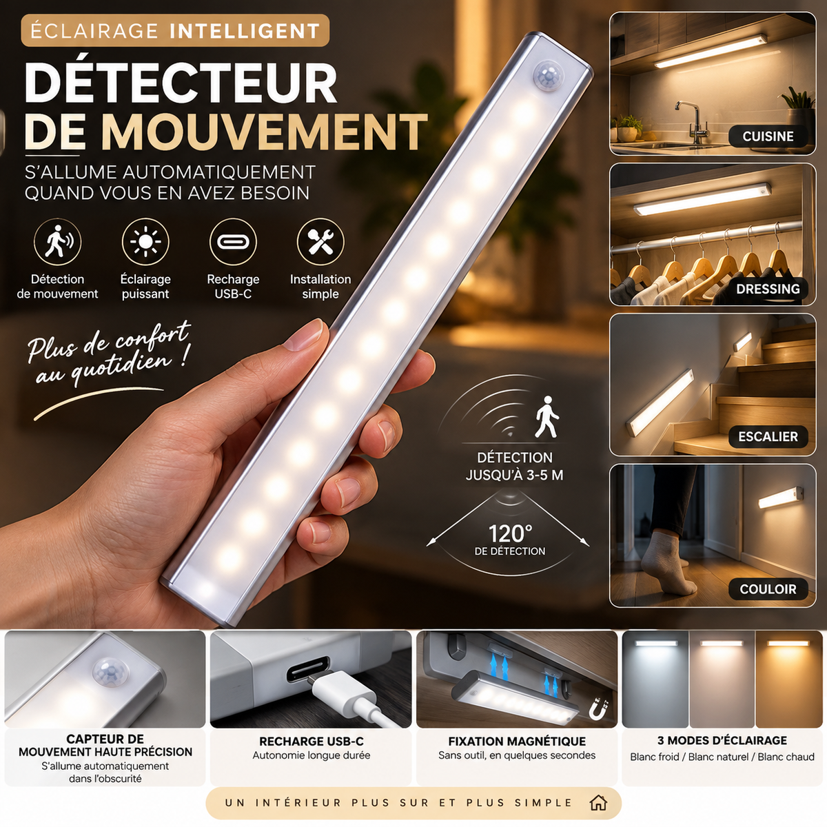 Motion Sensor Light Wireless LED Night Light Type C Rechargeable Light Cabinet Wardrobe Lamp Staircase Backlight For Kitchen LED