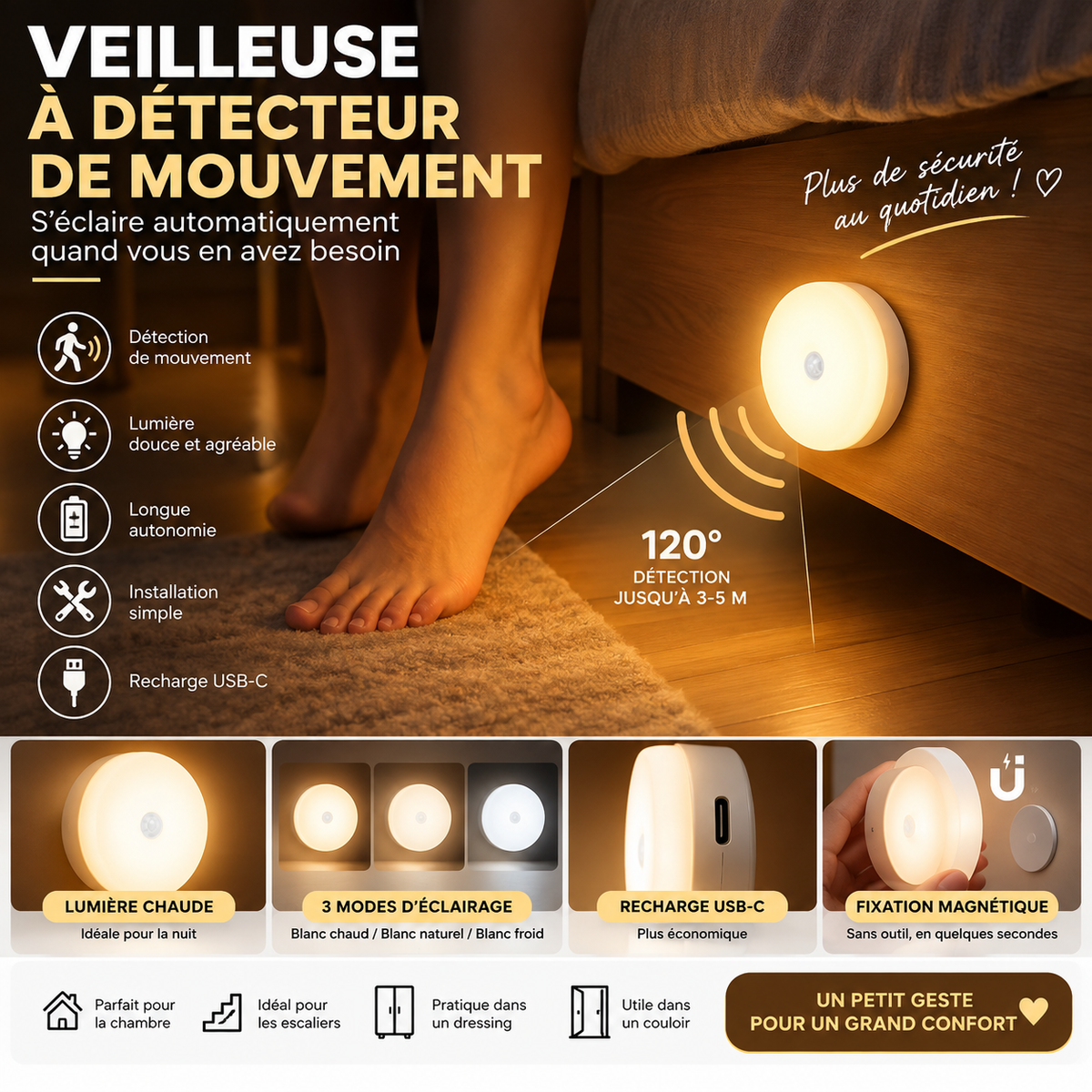 Veilleuse LED à Détecteur de Mouvement — Sans Fil, Rechargeable