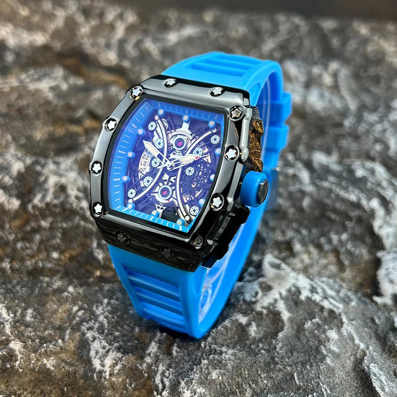Montre Homme Tonneau Lumineuse – Cadran Barrel, Quartz, Bracelet Silicone L146