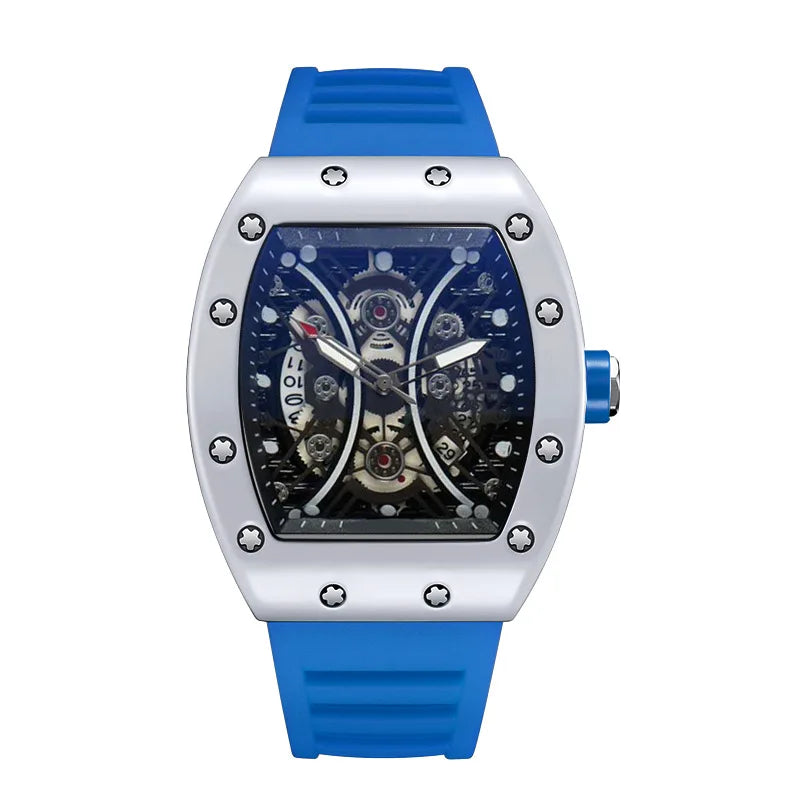 Montre Homme Tonneau Lumineuse – Cadran Barrel, Quartz, Bracelet Silicone L146