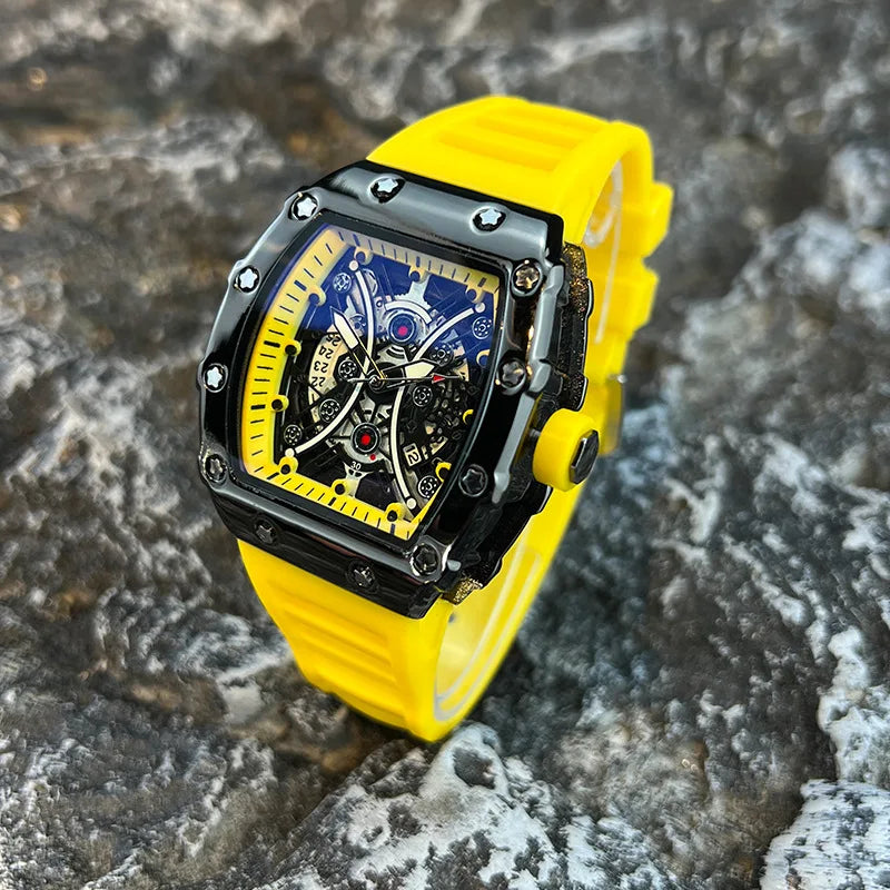 Montre Homme Tonneau Lumineuse – Cadran Barrel, Quartz, Bracelet Silicone L146