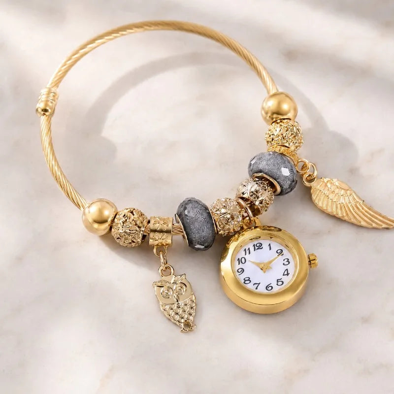 Bracelet TINUORA – Quartz, Perles Cristal Grises, Charmes Hibou et Ailes, Cadran Rond