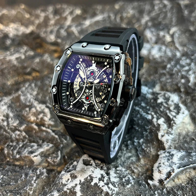 Montre Homme Tonneau Lumineuse – Cadran Barrel, Quartz, Bracelet Silicone L146