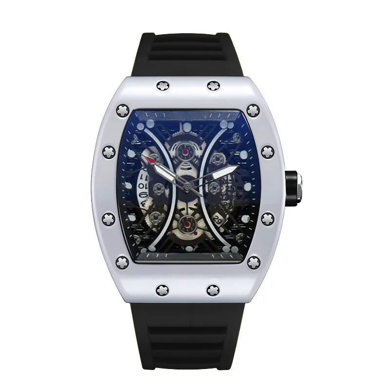 Montre Homme Tonneau Lumineuse – Cadran Barrel, Quartz, Bracelet Silicone L146