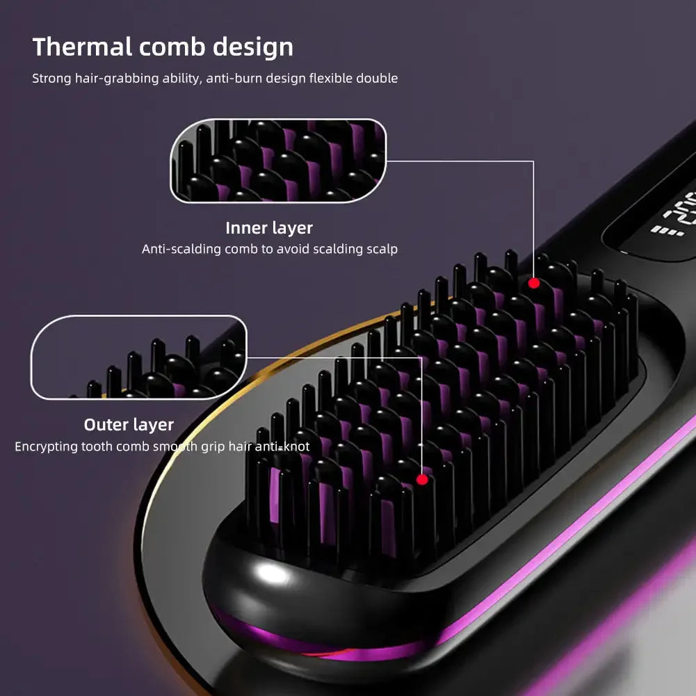 Brosse Lissante Céramique Sans Fil — Température Ajustable & Ions Négatifs