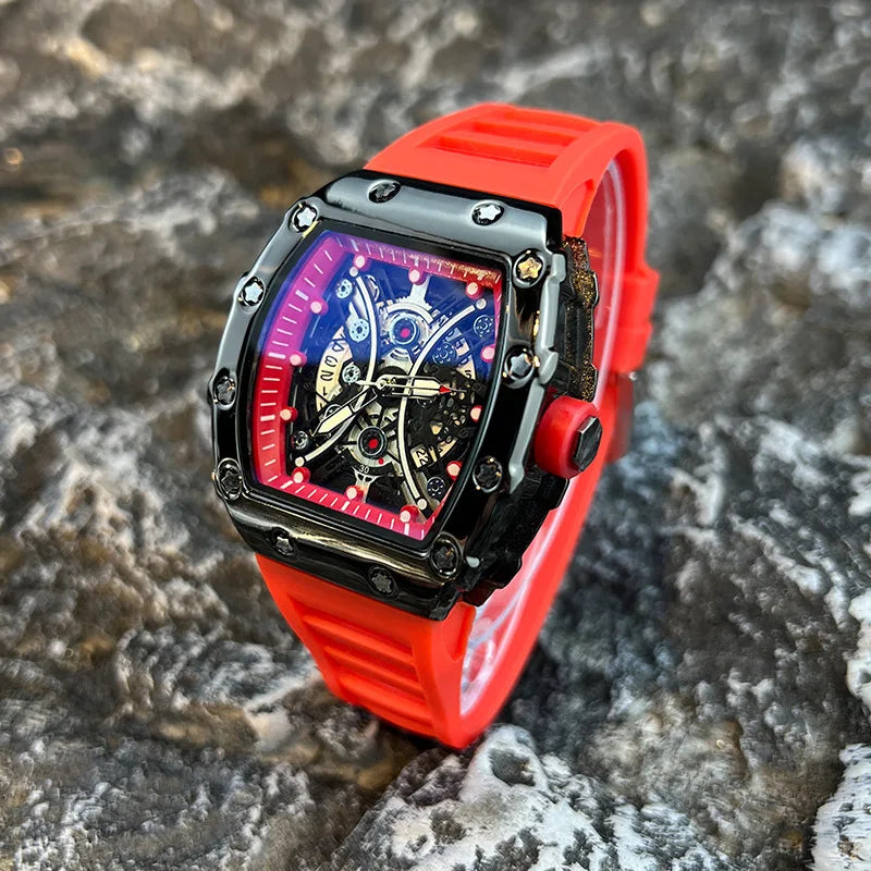 Montre Homme Tonneau Lumineuse – Cadran Barrel, Quartz, Bracelet Silicone L146