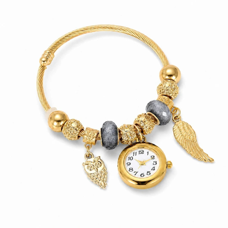Bracelet TINUORA – Quartz, Perles Cristal Grises, Charmes Hibou et Ailes, Cadran Rond