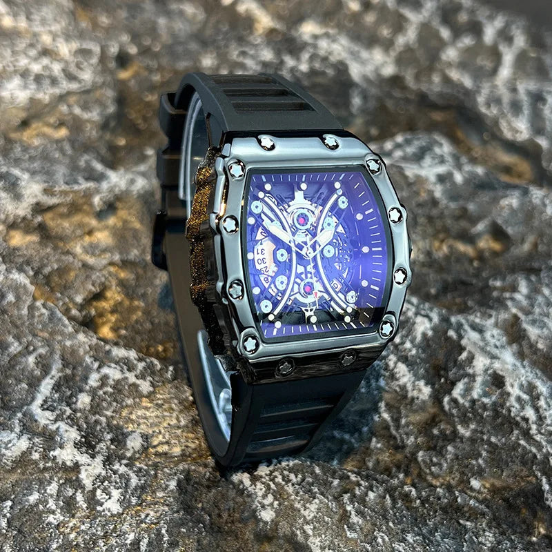 Montre Homme Tonneau Lumineuse – Cadran Barrel, Quartz, Bracelet Silicone L146